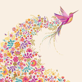 Square greeting card with illustration of a pink hummingbird in flight, splaying it's wings and leaving a trail of colourful flowers.