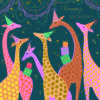 A greeting card with green background and an illustration of six giraffes in different colours. The giraffes are wearing party hats and holding gifts. Above them are hanging decorations and the text 'happy birthday'.
