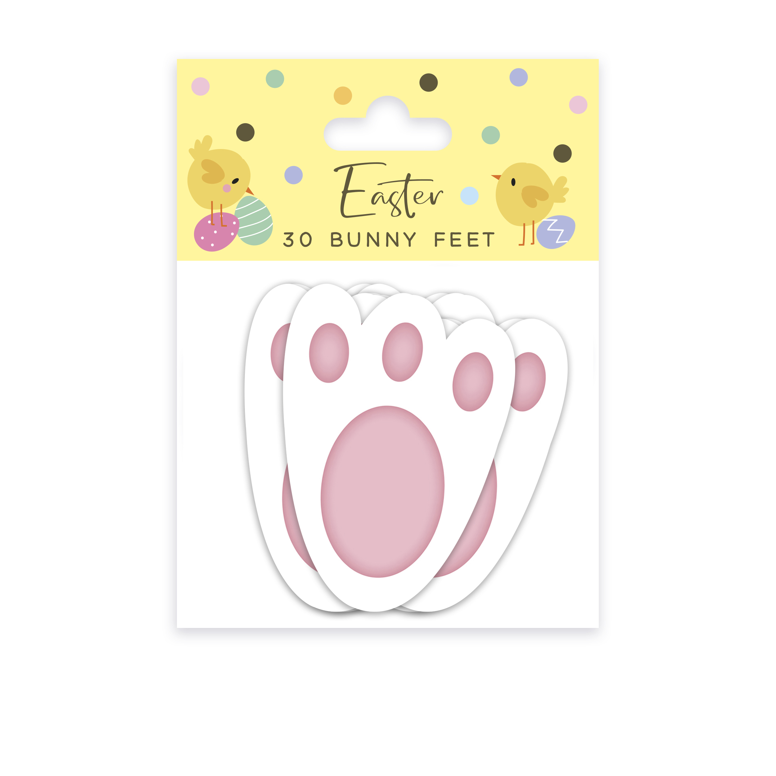 A packet of 30 paper rabbits feet. The feet are white with pink pads.