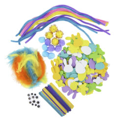 Colourful feathers, pipe cleaners, pom poms, lollipop sticks, foam stickers and googly eyes.