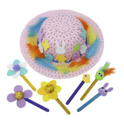 A pink bonnet with colourful feathers and Easter foam stickers applied including bunnies, flowers and chicks. Next to the bonnet are lollipop sticks decorated with petals, pom poms and foam stickers to look like flowers, chicks, eggs and rabbits.