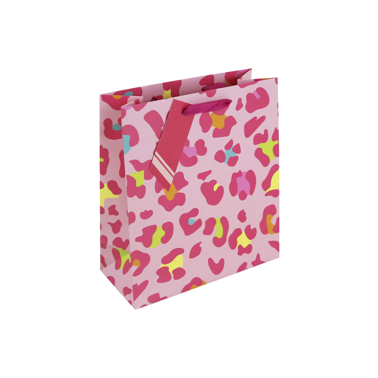 A pink gift bag with a bright multicoloured leopard print pattern, finished with a pink ribbon handle and tag.