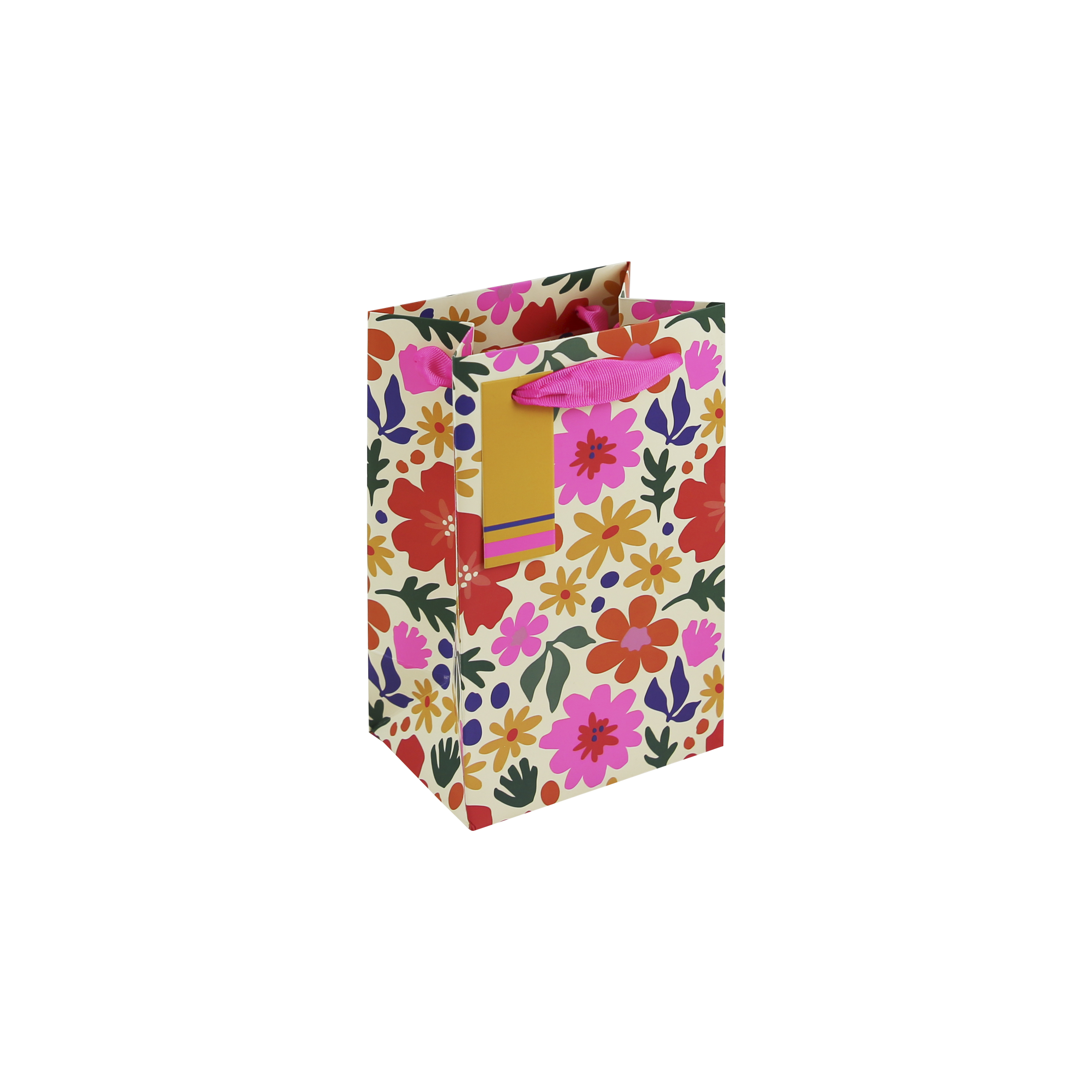 A small gift bag with a colourful floral pattern, pink ribbon handles, and a yellow striped tag.