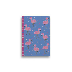 A5 notebook with blue background with pink and white dots and pink flamingoes. The book has a pink spine with blue pink and white stripes.