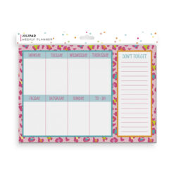 An A4 weekly planner with pink animal print background. There are white blocks with blue border for each day of the week and a 'To Do' column. A large lined column with an orange border has the title 'Don't Forget'.
