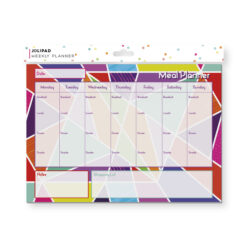 A4 sized weekly meal planner with colourful block pattern. There are columns for each day of the week with space for Breakfast, Lunch, dinner and Snacks. At the bottom are blocks for 'Notes' and 'Shopping List'.