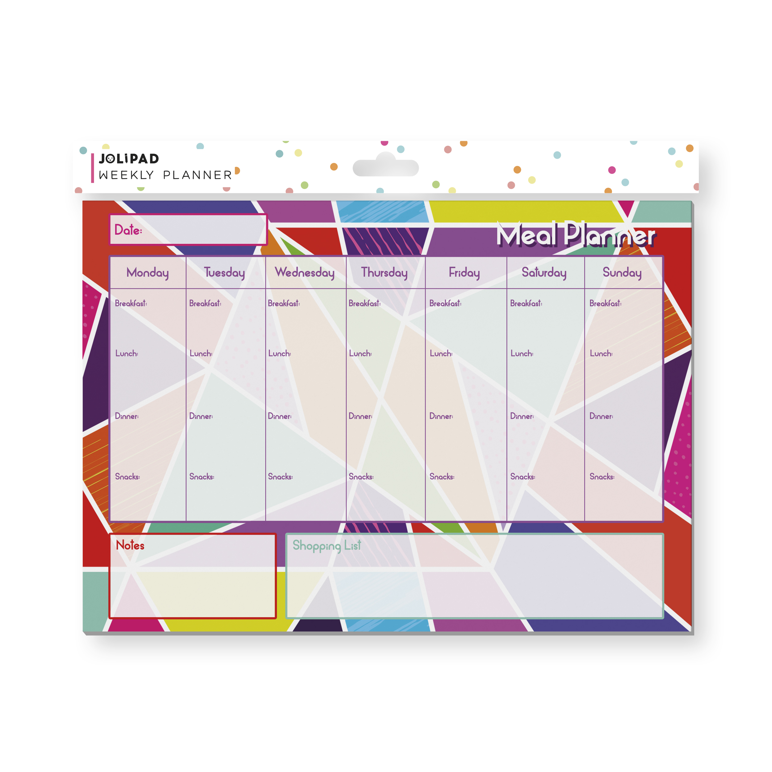 A4 sized weekly meal planner with colourful block pattern. There are columns for each day of the week with space for Breakfast, Lunch, dinner and Snacks. At the bottom are blocks for 'Notes' and 'Shopping List'.
