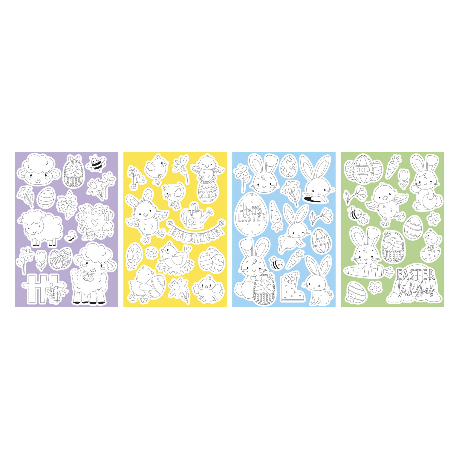 Four colourful sheets with Easter colour in stickers. The sheets are purple, yellow, blue and green and are covered in Easter themed stickers.