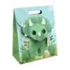A green triceratops-themed gift bag with a matching dinosaur mask attached by an elastic string.