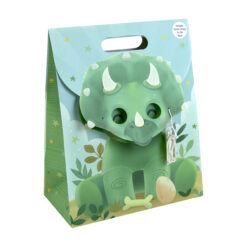 A green triceratops-themed gift bag with a matching dinosaur mask attached by an elastic string.