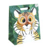 A jungle-themed gift bag featuring a cartoon tiger face with a detachable tiger mask and elastic string.