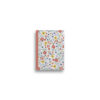 A6 notebook with white background and colourful floral patterns. The book has a pink spine.