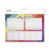 A weekly planner with rainbow stripes background. Large, lined blocks are titled 'To Do' and 'Notes'. A block along the bottom has six columns labelled Monday - Friday and 'Weekend'.