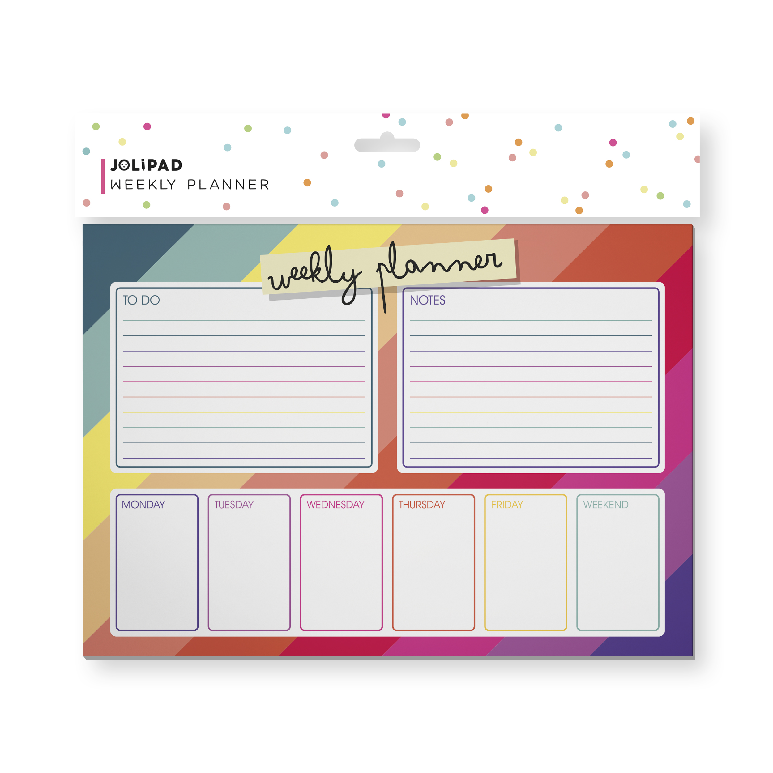 A weekly planner with rainbow stripes background. Large, lined blocks are titled 'To Do' and 'Notes'. A block along the bottom has six columns labelled Monday - Friday and 'Weekend'.