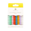 A retail pack of eight bobbly textured candles in mixed colours, including white, mint, pink, red, blue, yellow and lavender, presented in white and yellow packaging