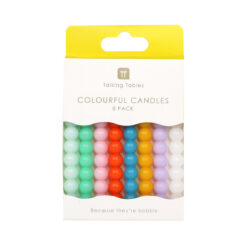 A retail pack of eight bobbly textured candles in mixed colours, including white, mint, pink, red, blue, yellow and lavender, presented in white and yellow packaging