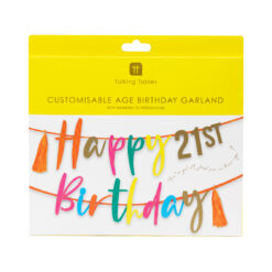A customisable birthday garland featuring colourful ‘Happy Birthday’ lettering on orange ribbon, with gold numbers included to personalise the age.