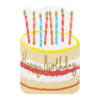 A decorative napkin printed with an illustrated birthday cake topped with nine lit striped candles and gold ‘Happy Birthday’ lettering.