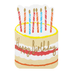 A decorative napkin printed with an illustrated birthday cake topped with nine lit striped candles and gold ‘Happy Birthday’ lettering.