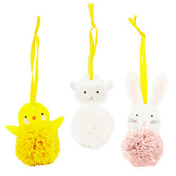 Three hanging spring ornaments - a yellow chick, a white lamb and a white bunny with pink ears - each with a round pom‑pom body and illustrated head, suspended from yellow ribbons.