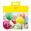 A bright yellow retail pack labelled ‘Medley of Rainbow Confetti Balloons,’ showing assorted balloons filled with colourful confetti through a clear window.