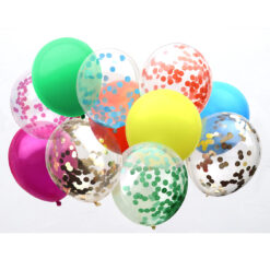 A cluster of colourful balloons, some solid and some transparent, with the clear balloons filled with brightly coloured confetti in shades of gold, green, blue and red.