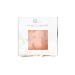 A white decorative box with floral accents and a clear window showing peach paper confetti inside, labelled ‘Paper Confetti.’