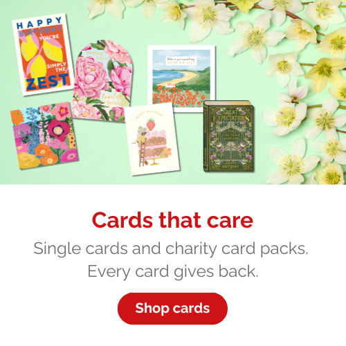 A selection of brightly coloured cards for birthdays and all occasions against a pastel green background decorated with blossom flowers. Text reads 'Cards that care. Single cards and charity card packs. Every card gives back. Shop cards'.