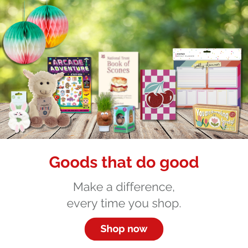 A selection of stationery, books, decorations and children's toys. Text reads 'Goods that do good. Make a difference every time you shop. Shop now.'