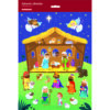 Colourful Nativity Advent calendar with baby Jesus in a manger, surrounded by Mary, Joseph, angels, shepherds, animals, and the Three Wise Men, with 24 numbered doors.