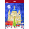 Advent calendar featuring a snowy Christmas scene at St Paul’s Cathedral with a lit tree, London crowds, red bus and Santa flying across the moonlit sky.
