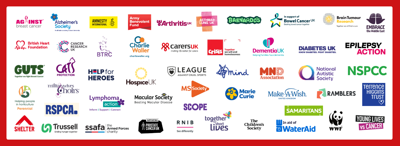 Logos for the charities currently supported by Cards for Good Causes.