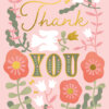 A pink card with floral design in white pink, grey and gold. There are gold butterflies and a white dove in the centre which carries a gold flower in it's beak. Large text on the card reads 'Thank You'.