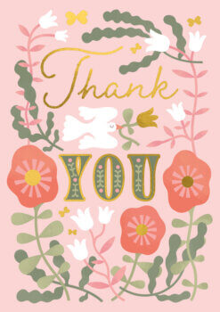 A pink card with floral design in white pink, grey and gold. There are gold butterflies and a white dove in the centre which carries a gold flower in it's beak. Large text on the card reads 'Thank You'.