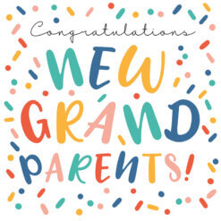 Colourful congratulations card design with playful typography reading ‘Congratulations New Grandparents!’ surrounded by multicoloured confetti sprinkles
