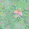 A square card with a turquoise background and a floral design in pink, gold, grey and green. There is a pink bird with long feathers and gold text reading 'Thank you'.