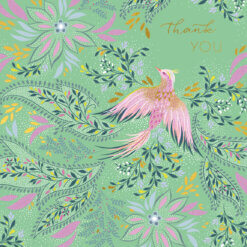 A square card with a turquoise background and a floral design in pink, gold, grey and green. There is a pink bird with long feathers and gold text reading 'Thank you'.