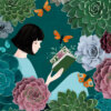 Illustrated greeting card featuring a girl reading a book surrounded by colourful succulents and orange and blue butterflies against a deep teal background.