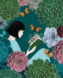 Illustrated greeting card featuring a girl reading a book surrounded by colourful succulents and orange and blue butterflies against a deep teal background.