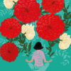 Illustrated greeting card featuring a person meditating beneath large red and cream flowers on a turquoise background, surrounded by leafy foliage in a peaceful botanical scene.
