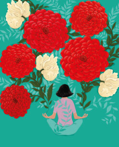 Illustrated greeting card featuring a person meditating beneath large red and cream flowers on a turquoise background, surrounded by leafy foliage in a peaceful botanical scene.