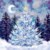 Glowing Christmas tree in a snowy forest under a starry winter sky.