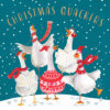 Five cheerful geese dressed in red winter scarves, hats, and sweaters singing Christmas carols under falling snow, with the words ‘Christmas Quackers’ above them