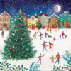 Festive town square with people ice skating and a decorated Christmas tree under falling snow