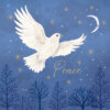 White dove flying over winter trees beneath a crescent moon with the word ‘Peace' written in script underneath it.