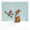 Illustration of a brown rabbit standing in the snow gazing at a red-breasted robin on a leafy branch, with soft snowfall against a pale blue background