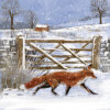 Illustration of a red fox trotting across a snow-covered field in front of a wooden gate and stone wall, with a farmhouse and bare trees in the background under falling snow