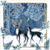Illustration of two deer in a winter woodland at night, surrounded by snow-covered trees and plants, with a golden crescent moon glowing in the deep blue sky.