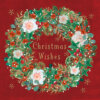 Festive Christmas wreath with red berries, green foliage, and white flowers on a red background.