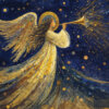 Golden angel blowing a trumpet against a deep blue starry sky.
